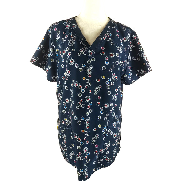 Wonder Wink Women's Scrub Top Size Large Navy Blue Pola Dots Medical - Picture 1 of 6